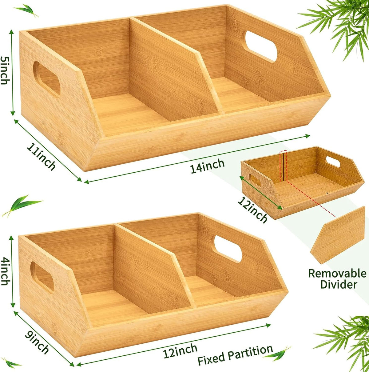 2 Set Bamboo Storage Bins, Pantry Organizers and Storage, Kitchen Countertop Organization and Storage Basket for Produce, Onions, Potatoes, Garlic, Fruits, Vegetable and Bread
