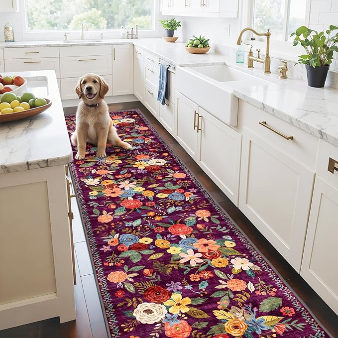 Floral Hallway Runner Carpet Non-Slip, 2x10 Washable Rug Ultra-Thin Soft by WelcometoBabovid