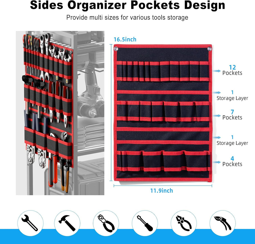 Power Tool Organizer Cart with Charging Station, 6 FT Cord, Red