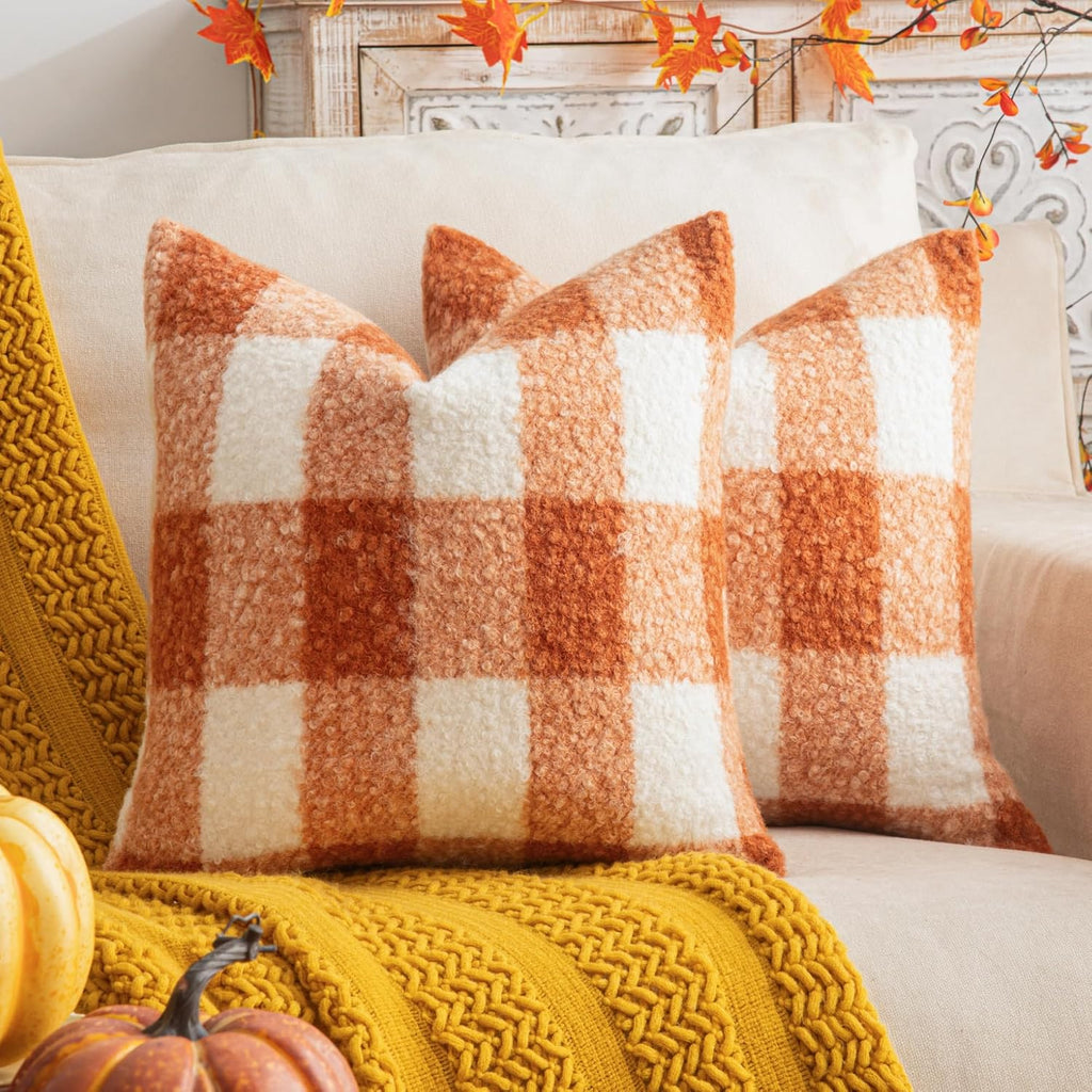 AQOTHES Plaid Fall Throw Pillow Covers Orange Write 18x18 Inch Set of 2