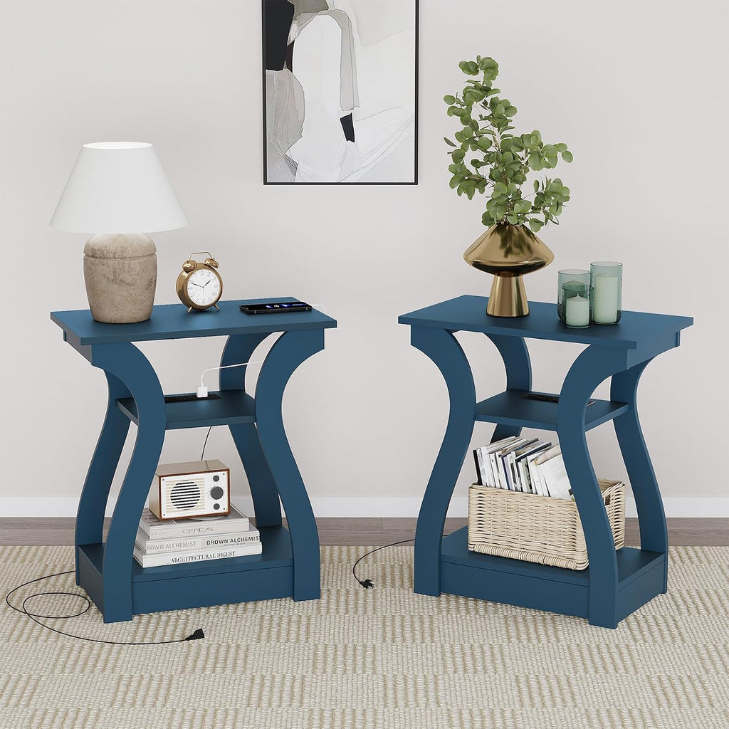 FROMJBEST End Tables Living Room, End Table with Charging Station Navy Blue