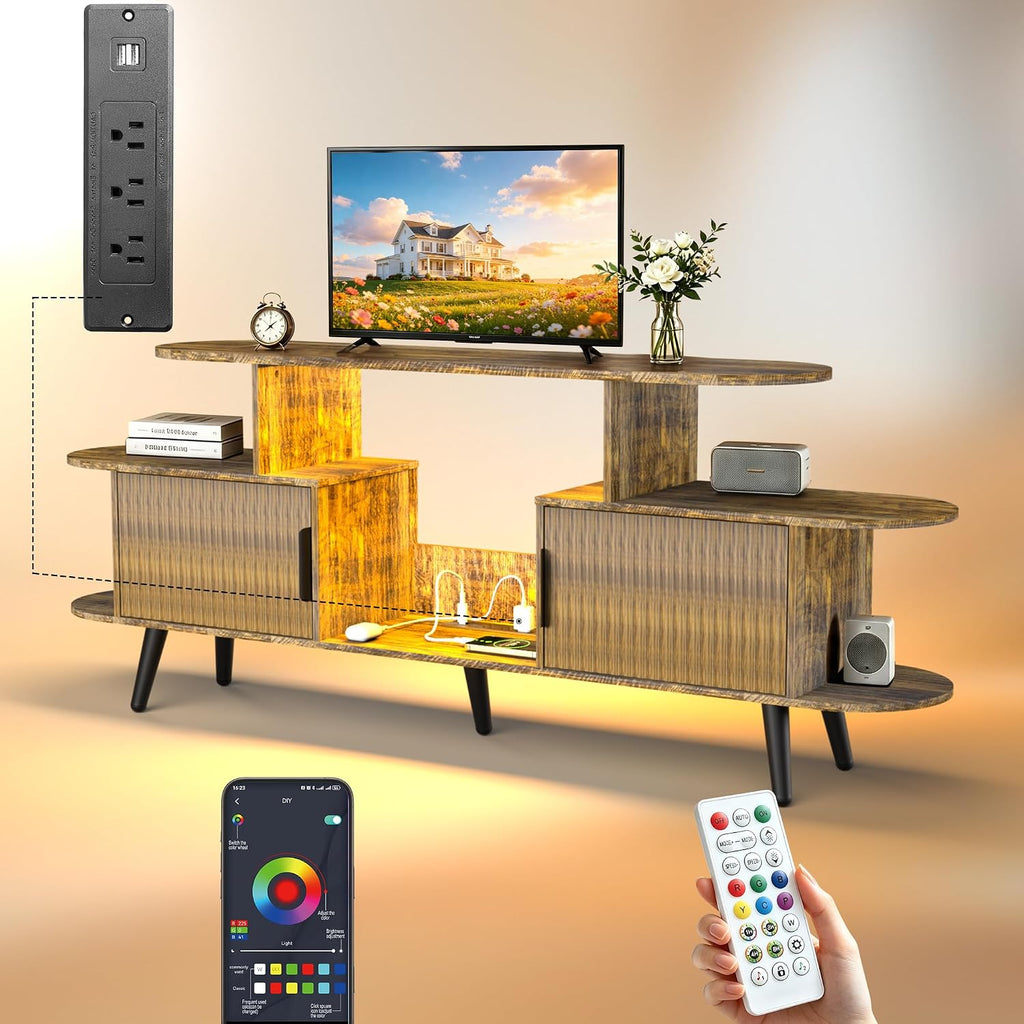 65" Fluted TV Stand with RGB LED Light & Outlet for TV up to 75"