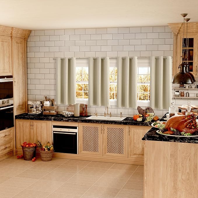 BGment Beige Short Curtains for Kitchen Window, Room Darkening Curtains 45 Inch - Image 2
