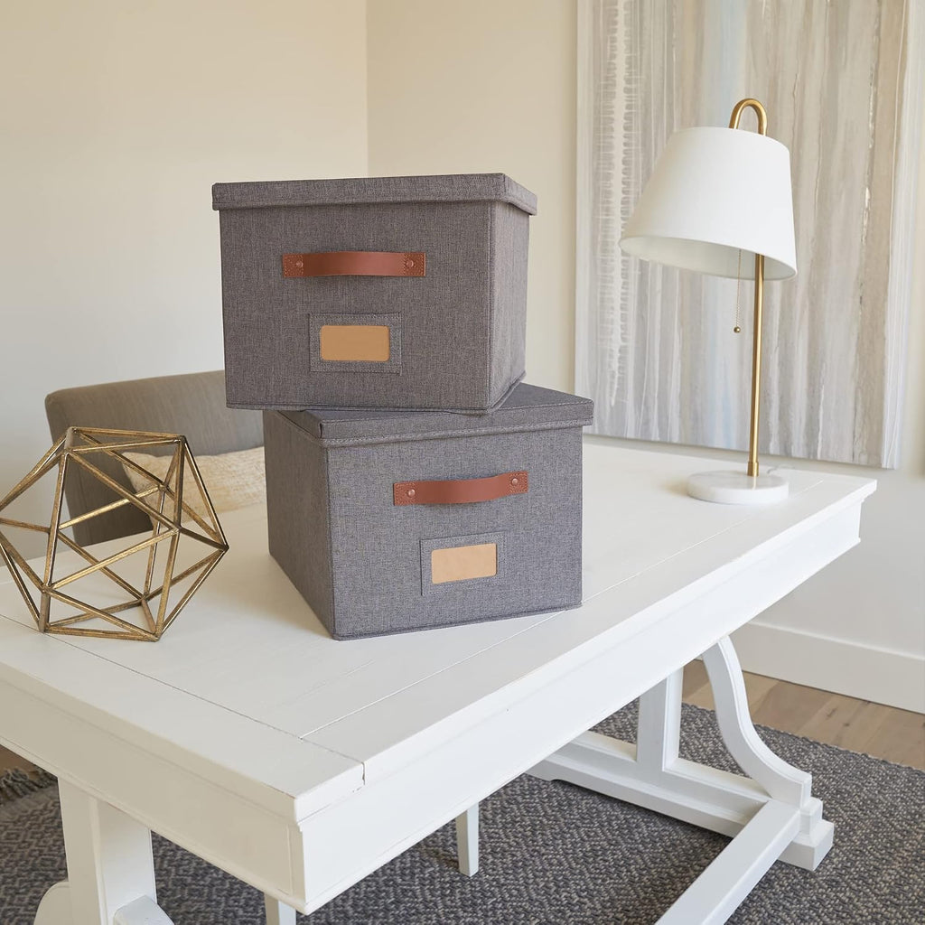 Decorative File Organizer Box Set of 2 - Collapsible Linen Filing Cabinets