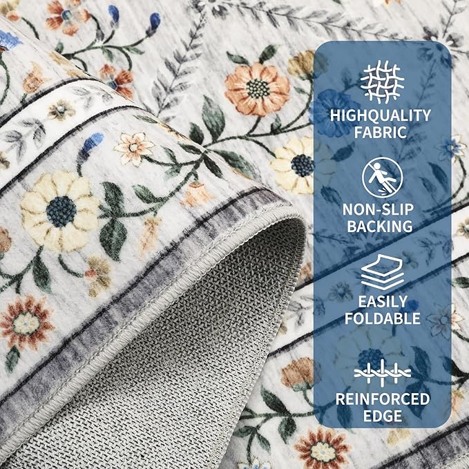 GarveeHome Grey Floral Rug 4x6 Rug Machine Washable Area Rug - Image 3