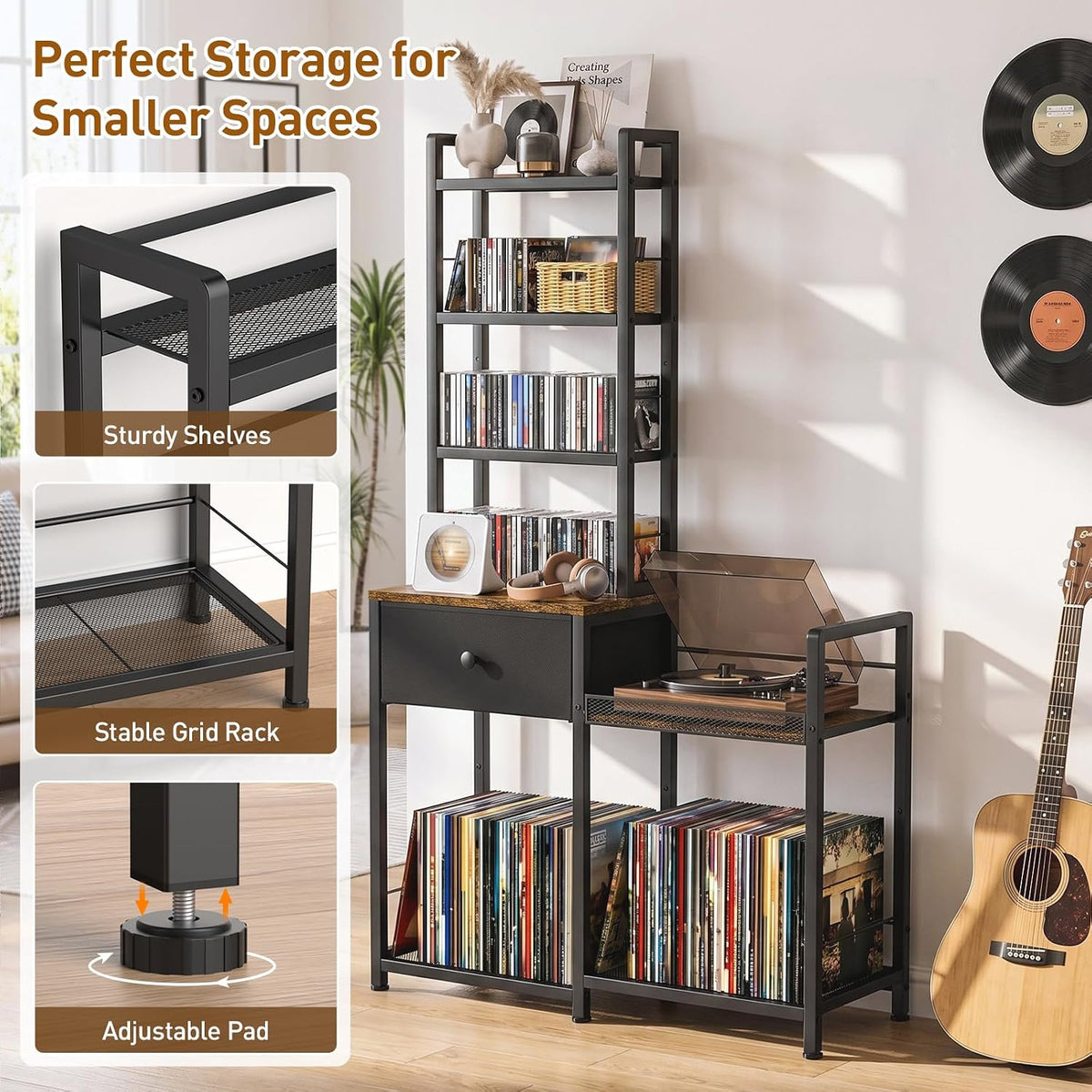 ikkle CD Rack with Drawer, 7-Tier DVD Organizer Shelf with Vinyl Storage