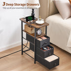 DALEMHOME Narrow End Table with Charging Station, Narrow Side Table with Drawer, Small Nightstand with LED Light, Skinny Nightstand, Small Bedside Table for Living Room, Bedroom, Couch, Rustic Brown