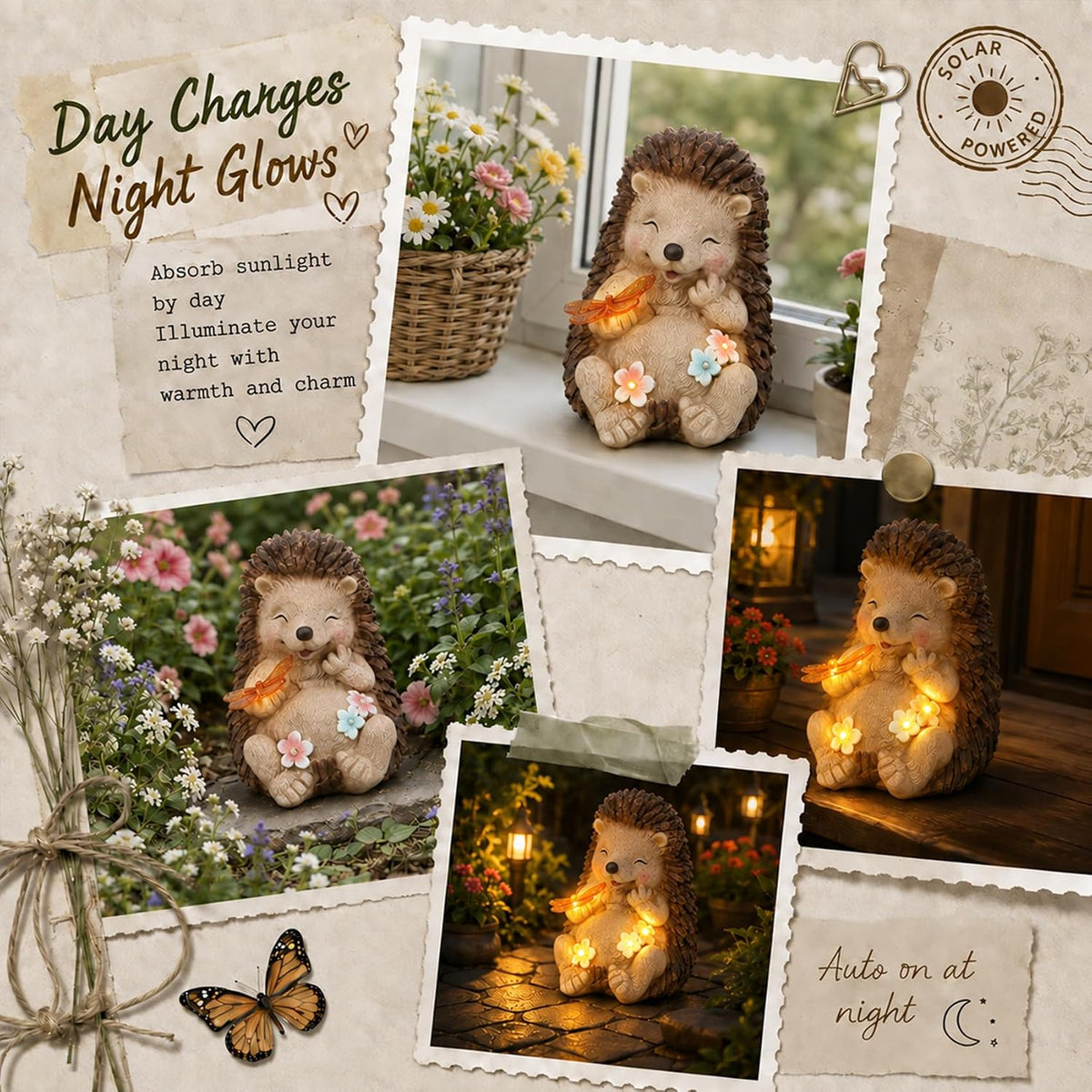 Solar Hedgehog Garden Statue with 4 LED Lights, Outdoor Yard Decor