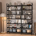 7-Tier Corner Bookshelf, Reversible Wooden Shelves, Industrial Bookcase with Open Shelves and Sturdy Metal Frame, Display Shelf Storage Rack for Living Room, Bedroom, Home Office (Black)