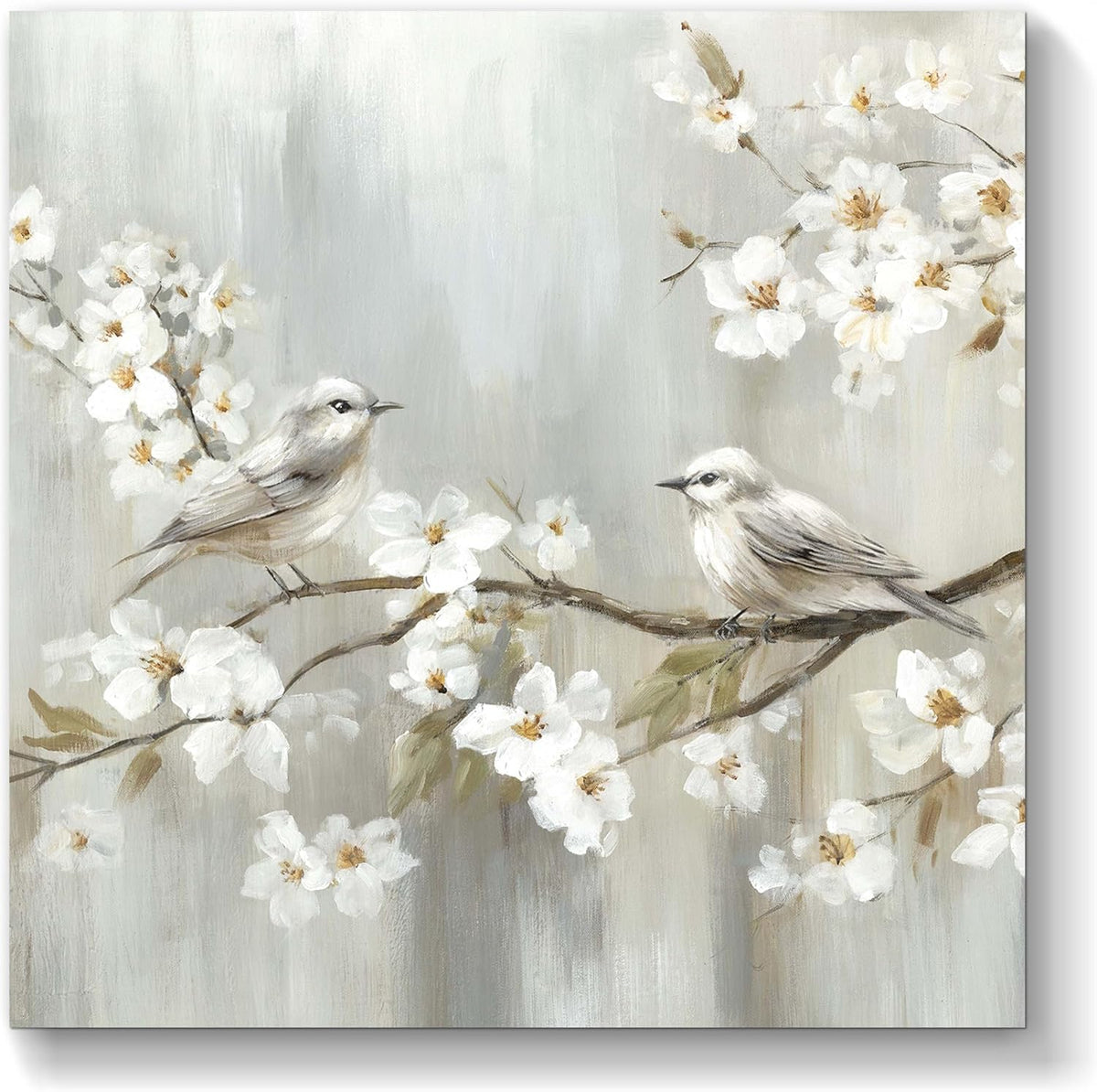 TAR TAR STUDIO White Flowers & Birds Canvas Wall Art - Unframed Nature Decor for Bedroom, Living Room, Office - 12"x12"