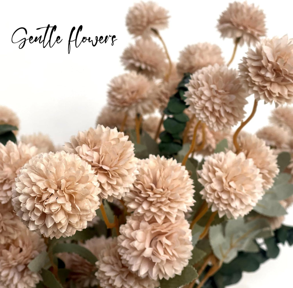 Artificial Flowers for Vase Beige Silk Mums 10 Long Stems with Eucalyptus，Fake Chrysanthemum Floral Arrangement DIY Faux Flowers for Vase,Neutral Floral, Home Decorations