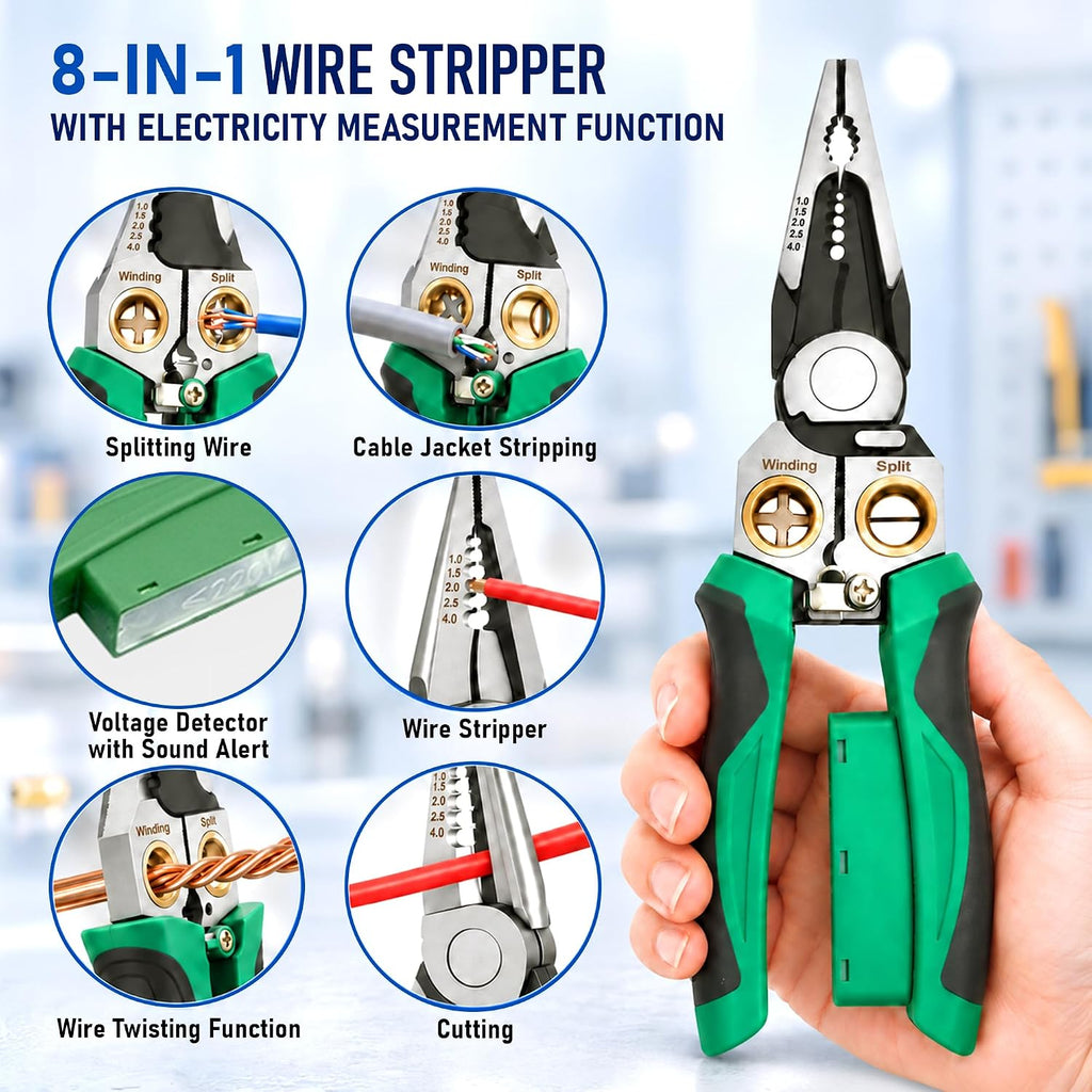 8‑in‑1 Wire Stripper Pliers, Non‑Contact Voltage Tester, Multi‑function electrician pliers for stripping cutting crimping, 12‑250V tester, fits auto HVAC home wiring maintenance, Green&Black