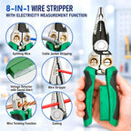 8‑in‑1 Wire Stripper Pliers, Non‑Contact Voltage Tester, Multi‑function electrician pliers for stripping cutting crimping, 12‑250V tester, fits auto HVAC home wiring maintenance, Green&Black