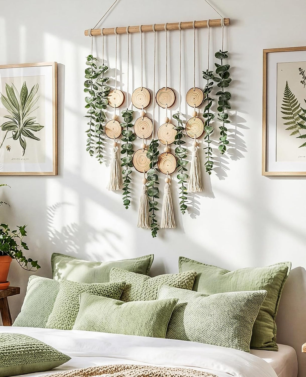 Fake Hanging Eucalyptus Wall Decor with Fake Greenery Leaves, Stems, and Wicker Ball, Artificial Eucalyptus Wall Hanging for Bathroom, Living Room, Bedroom Decor (24" L x 16" W)