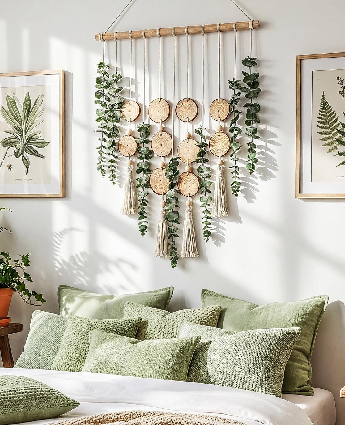 Fake Hanging Eucalyptus Wall Decor with Fake Greenery Leaves, Stems, and Wicker Ball, Artificial Eucalyptus Wall Hanging for Bathroom, Living Room, Bedroom Decor (24" L x 16" W)