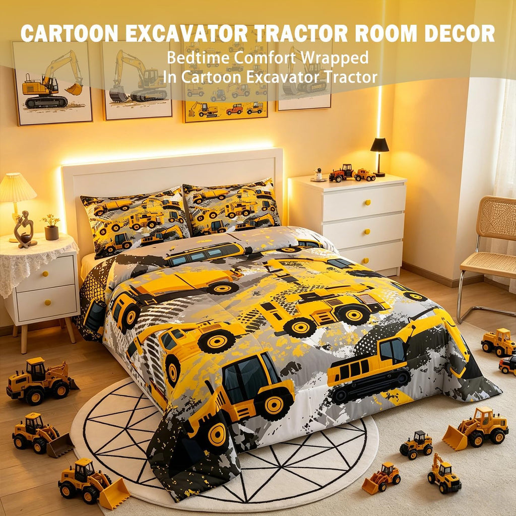 Feelyou Boys Construction Bedding Set Full Size Comforter for Kids Tractor Trucks Comforter Set Toddler Room Decor Car Bed Cartoon Excavator Quilted with 2 Pillow Cases