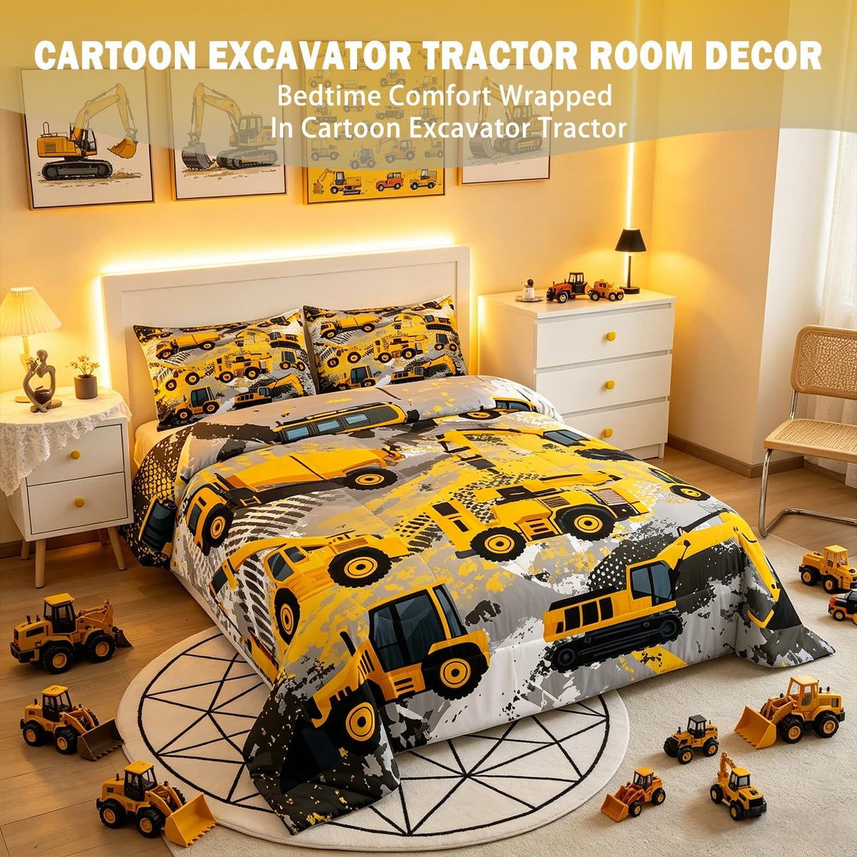 Feelyou Boys Construction Bedding Set Full Size Comforter for Kids Tractor Trucks Comforter Set Toddler Room Decor Car Bed Cartoon Excavator Quilted with 2 Pillow Cases