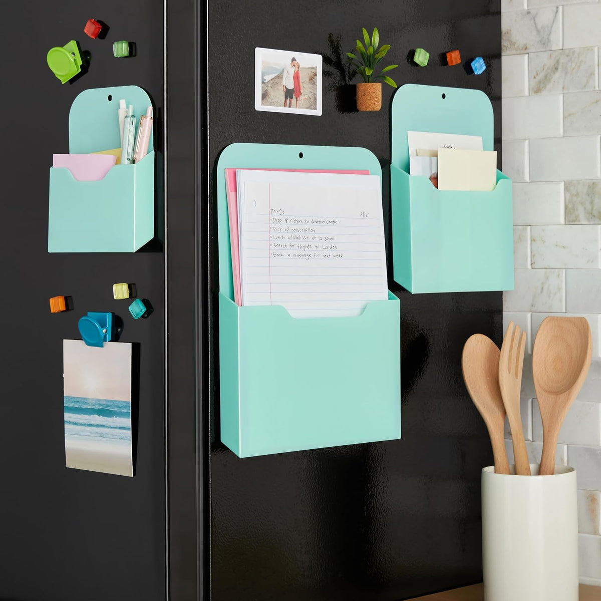 Okuna Outpost Locker Accessories Magnetic File & Bill Holder - Mint, 3-Pack - Refrigerator Magnet File Organizer & Mail Holder - Locker Storage & Wall Folder - Magnetic Pen & Receipt Pocket