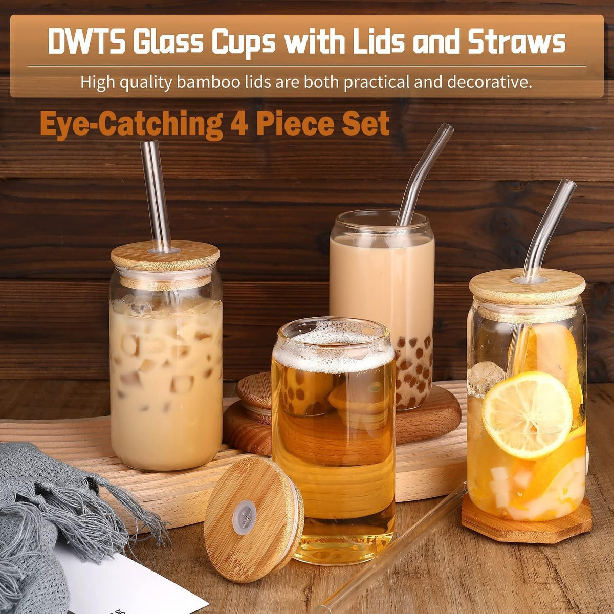 Iced Coffee Cups with Lids,Glass Cups with Lids and Straws,4 Coffee Tumbler