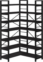 7-Tier Corner Bookshelf, Reversible Wooden Shelves, Industrial Bookcase with Open Shelves and Sturdy Metal Frame, Display Shelf Storage Rack for Living Room, Bedroom, Home Office (Black)