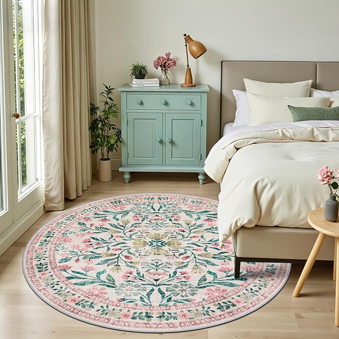 Round Area Rug for Living Room: 6 ft Floral Washable Circle Rug Soft Boho - Image 3
