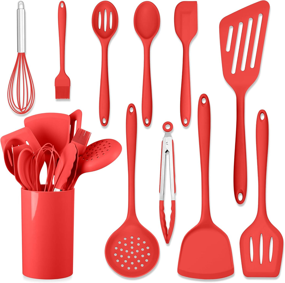 HaWare 11 PCS Silicone Cooking Utensils Set, Heat Resistant Kitchen Utensils with Holder, Food-grade Spatula Sets for Nonstick Cookware, Kitchen Tools Gadgets Include Fish Turner, Spoon (White)