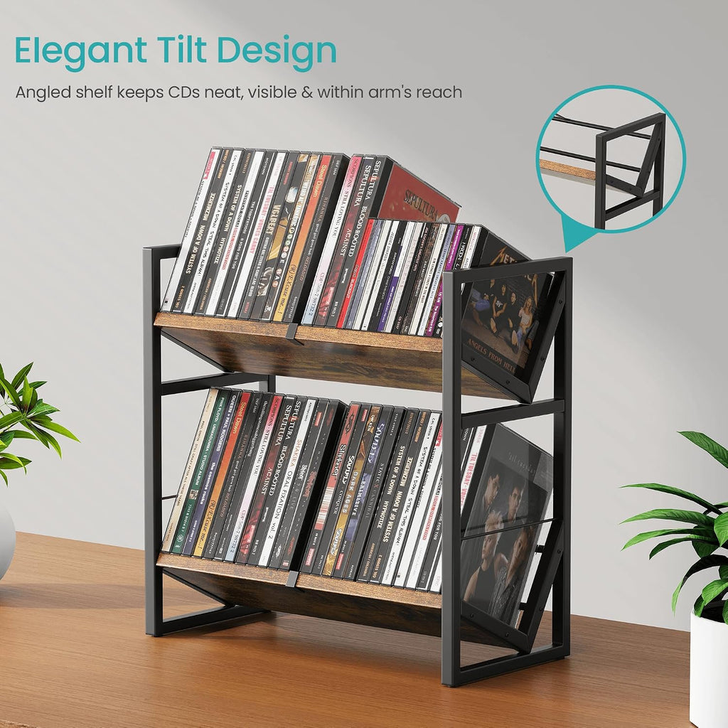 2 Tier CD Storage Rack, Wooden DVD Holder with Adjustable Dividers