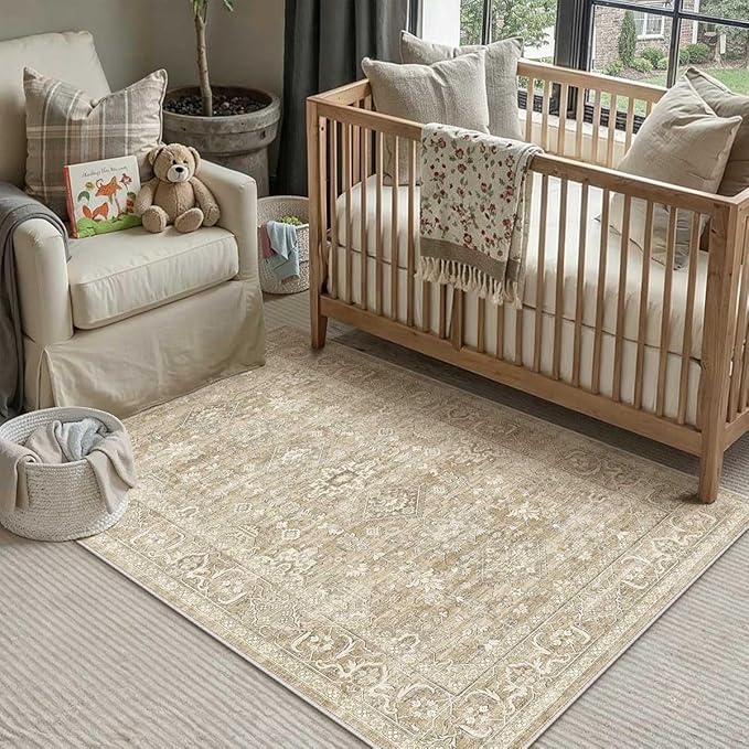 4x6 Washable Area Rug for Living Room Bedroom Vintage Beige Soft Low Pile - Image 3
