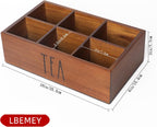 LBEMEY Tea Bag Organizer, Wood Tea Storage Containers with 6 Compartments, Sugar Packet Holder,Tea Bag Caddy Box for Cabinet Countertop Office (Brown- Labeled "TEA")