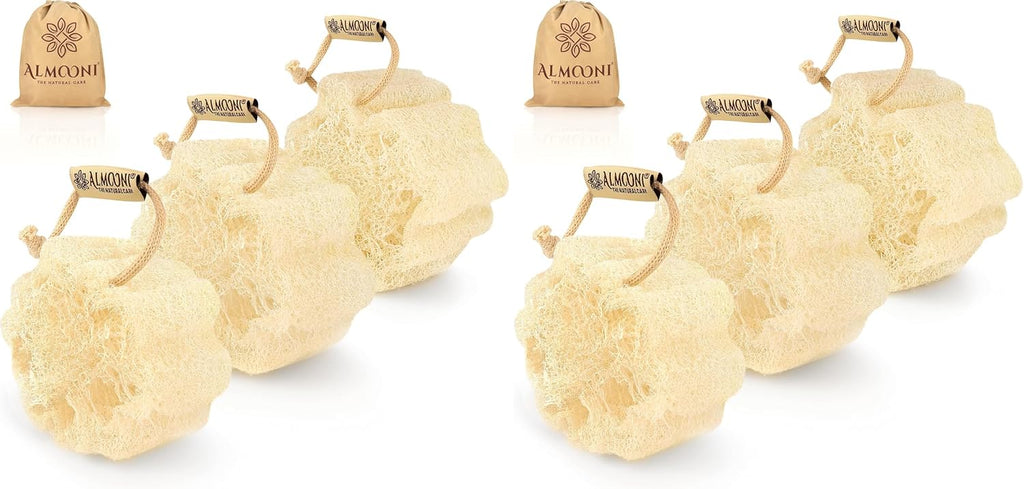 ALMOONI Mini Natural Loofah Sponge, Egyptian Shower Sponge, 3 Count