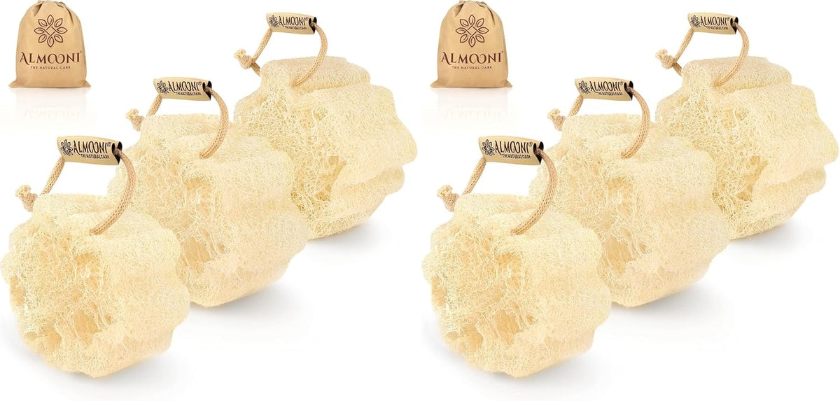 ALMOONI Mini Natural Loofah Sponge, Egyptian Shower Sponge, 3 Count