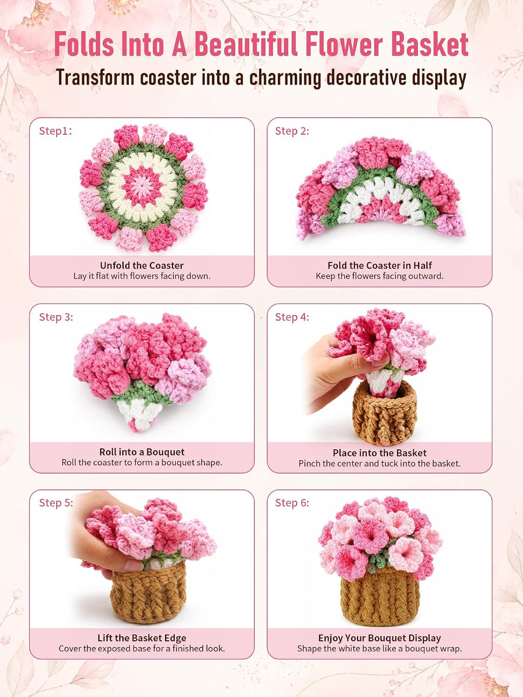 Crochet Flower Bouquet Coasters, Cotton Tulip Gifts for Home Decor 1Pc