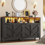 knoworld Buffet Sideboard with Storage with Power Outlets & LED Light, Large Farmhouse Kitchen Storage Cabinet Wood 4 Doors Coffee Bar Cabinet for Kitchen, Living Room, Black 55in