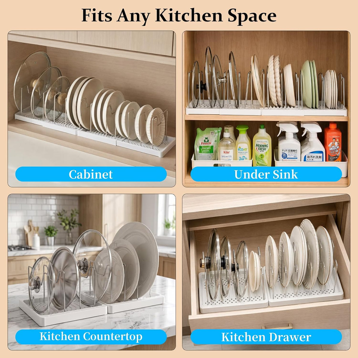 2 Pack Expandable Pots and Pans Organizer Under Cabinet, Foldable Kitchen Cabinet Organizer with 12 Adjustable Dividers, 31" Cookware Rack for Pots, Pans, Pot Lids, Cutting Boards & Bakeware
