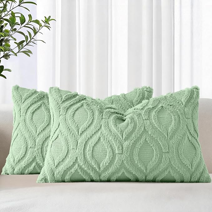 decorUhome Throw Pillow Covers 12x20 Inch Set of 2, Soft Plush Faux Wool Sage by decorUhome