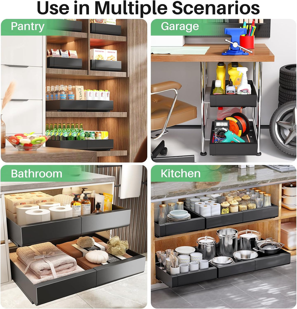Kitstorack Pull out Cabinet Organizer, Expandable(12"-20") Heavy Duty Slide out Drawer Fixed with Adhesive Nano Film for Pots, Roll out Shelf Storage for Kitchen Base Organization(2-Pack)