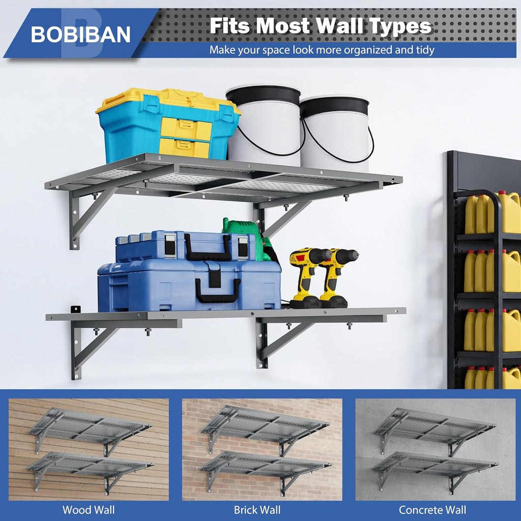 2 Pack Garage Wall Shelving, 2x3ft Heavy Duty Wall Shelves, Gray