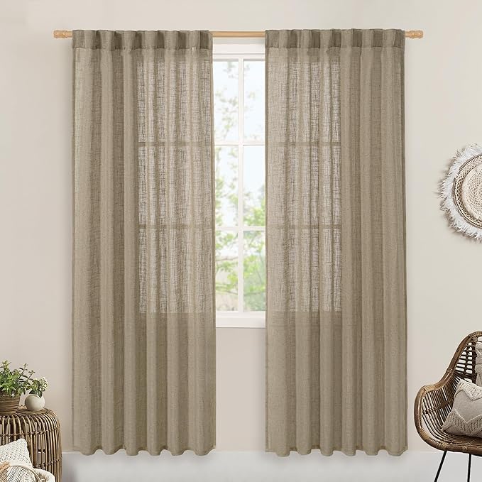 LAMIT Taupe Sheer Linen Curtains, 80 inch Light Filtering Semi Sheer Panels by LAMIT