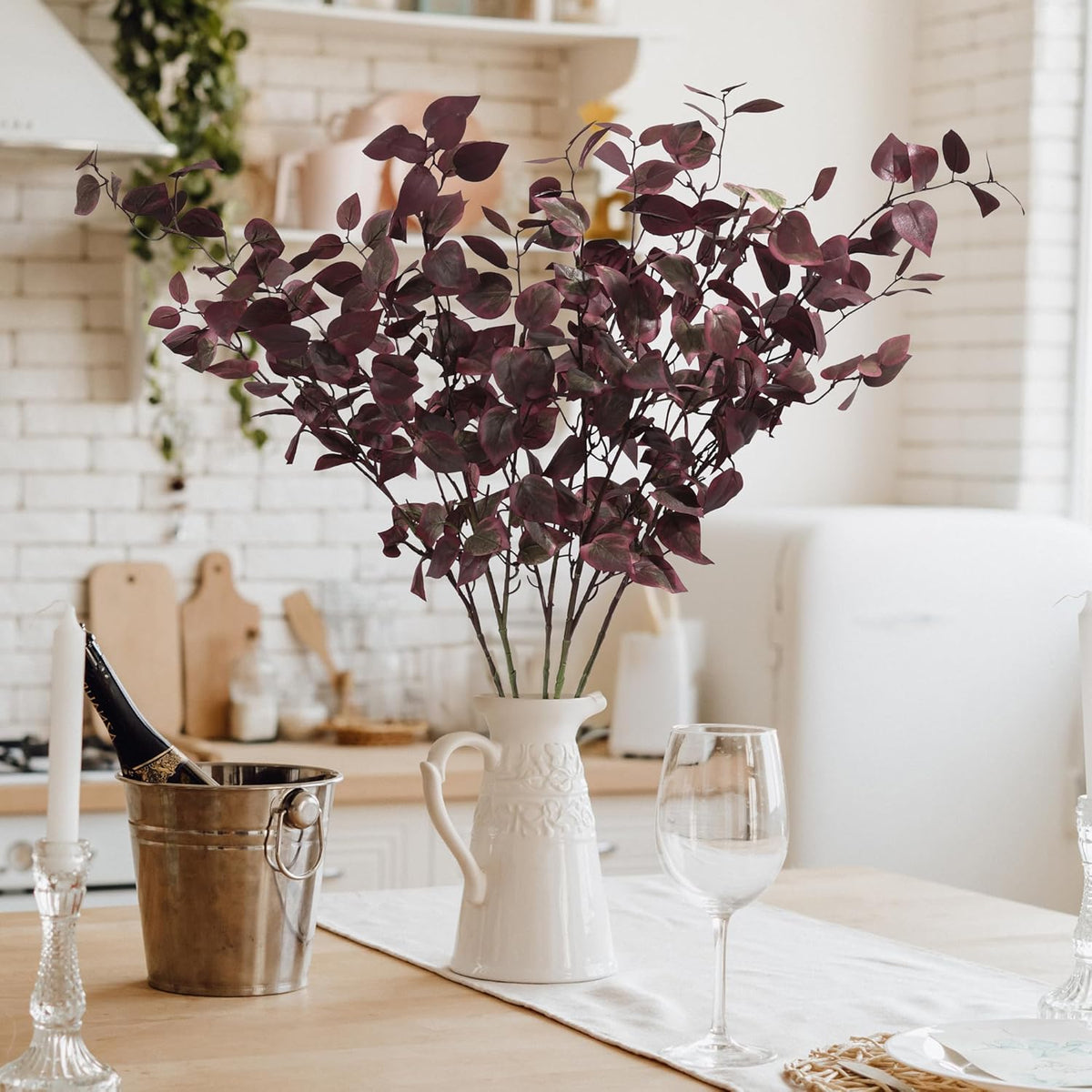 HyeFlora 5PCS Artificial Fall Eucalyptus Leaves Stem Plants, 32.7 inch Fake Leaves Autumn Greenery Branches Burgundy Shrubs Silk Faux Foliage DIY Stems for Thanksgiving Festival Home Kitchen Farmhouse