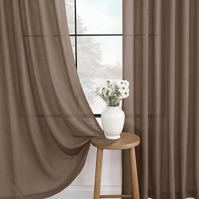 Chocolate Brown Linen Curtain 102 inch Length 2 Panels Back Tab Light Filtering - Image 4