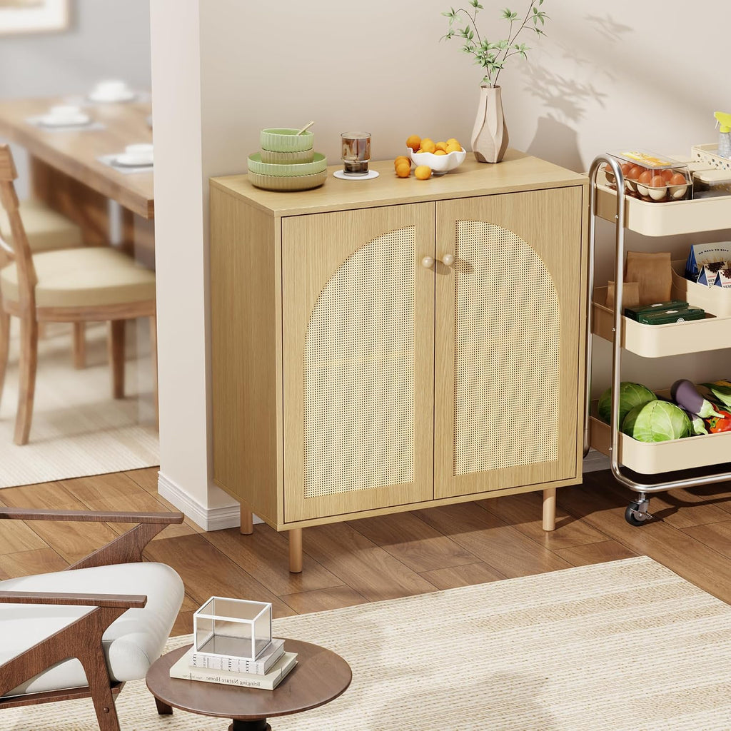 Mericonia 30 Inch Buffet Cabinet with Storage, Boho Sideboard with Rattan Decorated Doors & Adjustable Shelf, Accent Credenza Coffee Bar for Kitchen, Dining Room, Living Room, Entryway