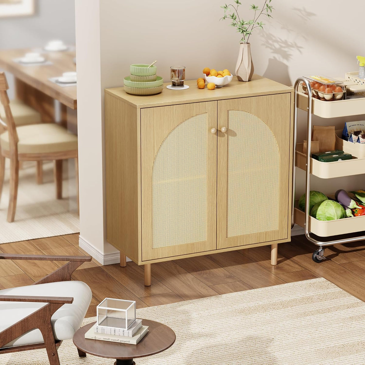 Mericonia 30 Inch Buffet Cabinet with Storage, Boho Sideboard with Rattan Decorated Doors & Adjustable Shelf, Accent Credenza Coffee Bar for Kitchen, Dining Room, Living Room, Entryway