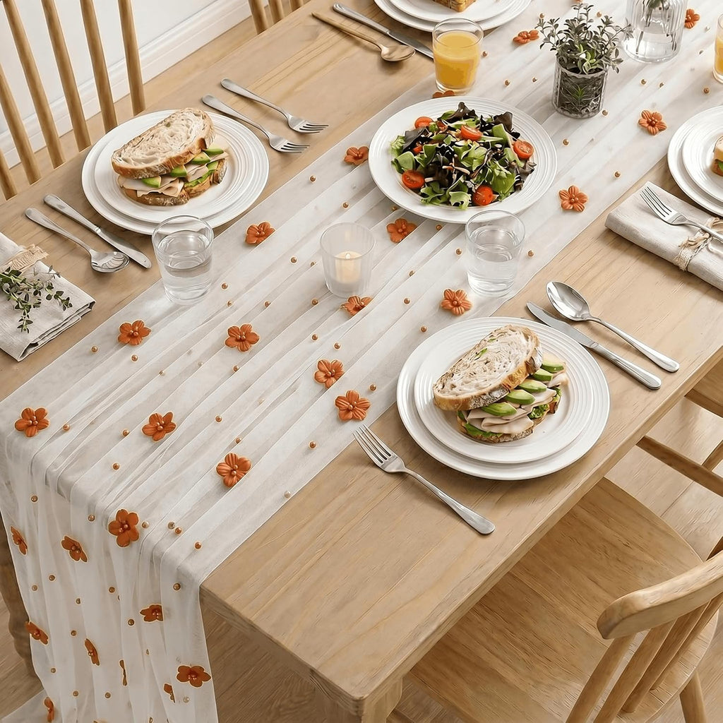 Artoid Mode Caramel Flower Pearl White Gauze Table Runner 10FT, Seasonal Sheer Dining Holiday Wedding Birthday Baby Shower Table Decor for Home Party