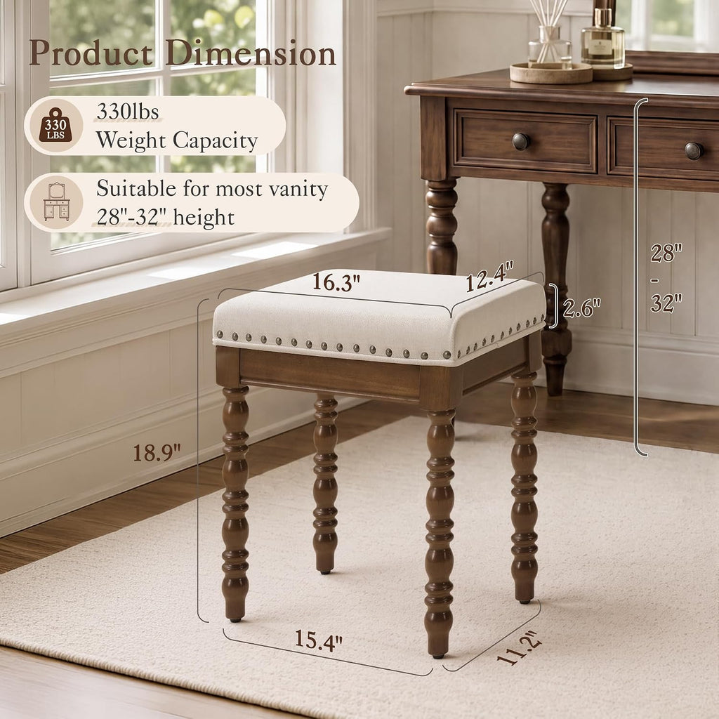 LUE BONA Vintage Vanity Chair with Spindle Solid Rubberwood Legs