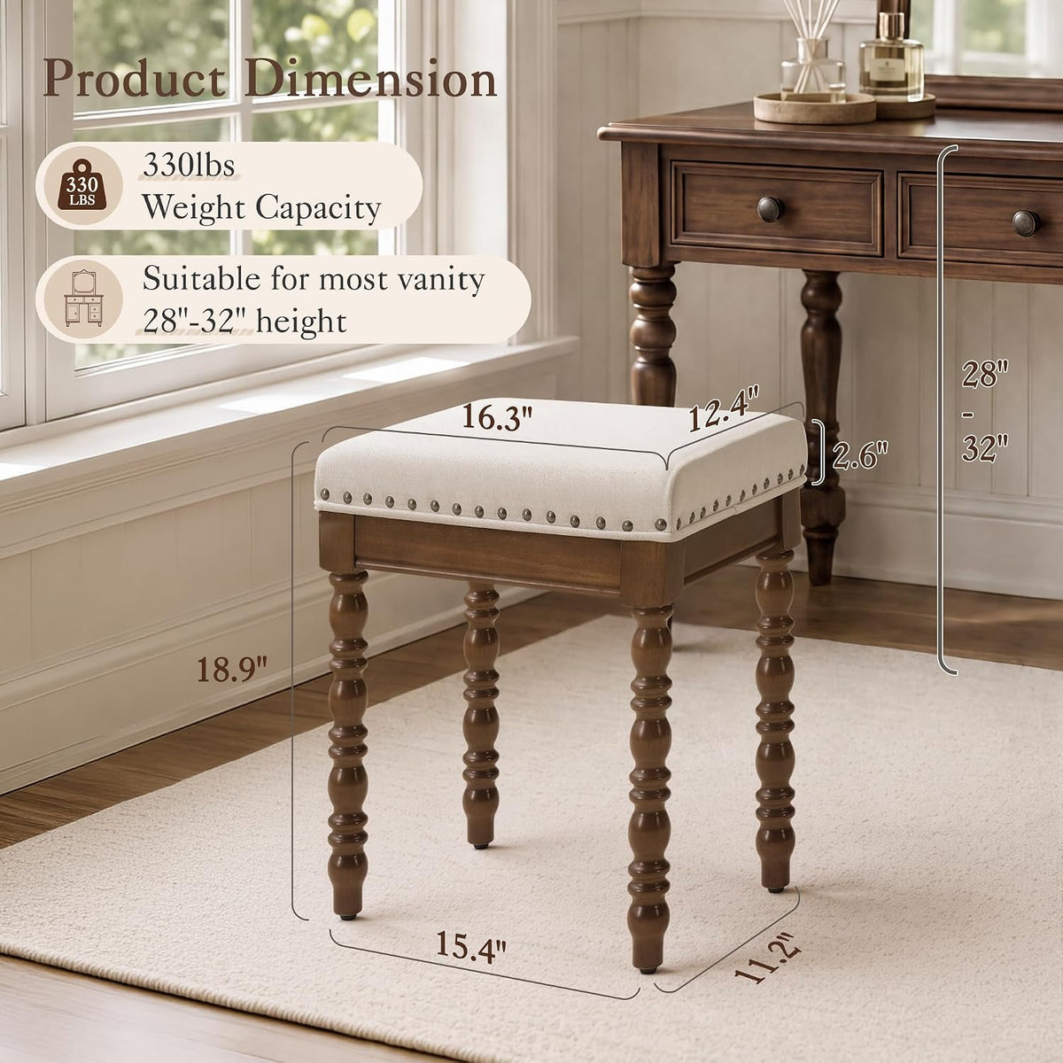 LUE BONA Vintage Vanity Chair with Spindle Solid Rubberwood Legs