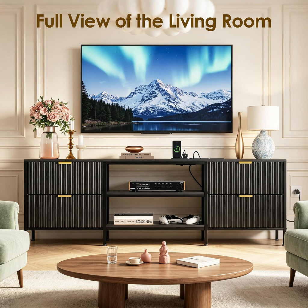 63 Inch Black Fluted TV Stand with Storage, Entertainment Center