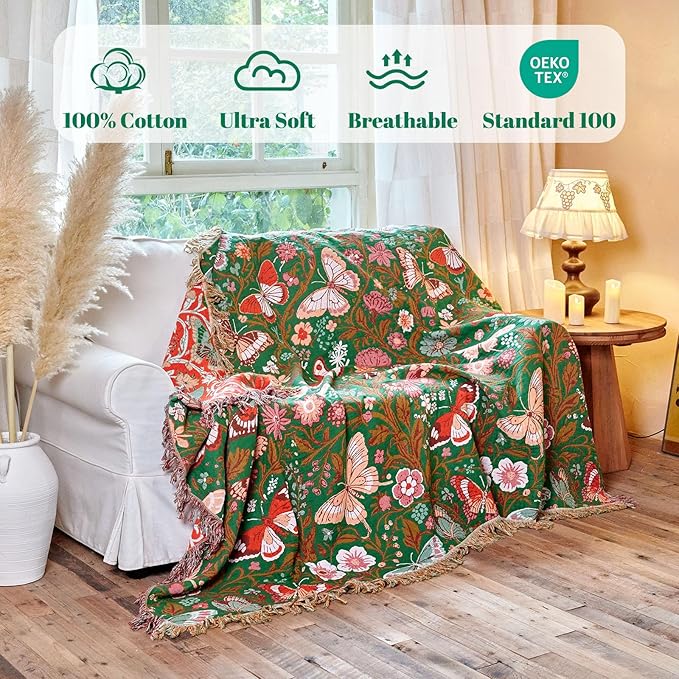 MSGKV Boho Throw Blanket for Bed 60"x80" Butterfly Floral 100% Cotton Couch - Image 2