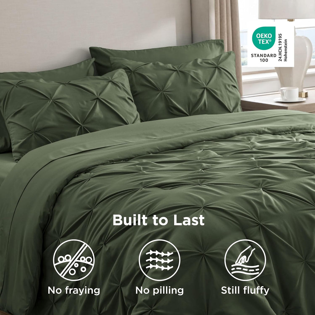 Bedsure 7-Piece Olive Green Comforter & Sheet Set, Queen Bed in a Bag
