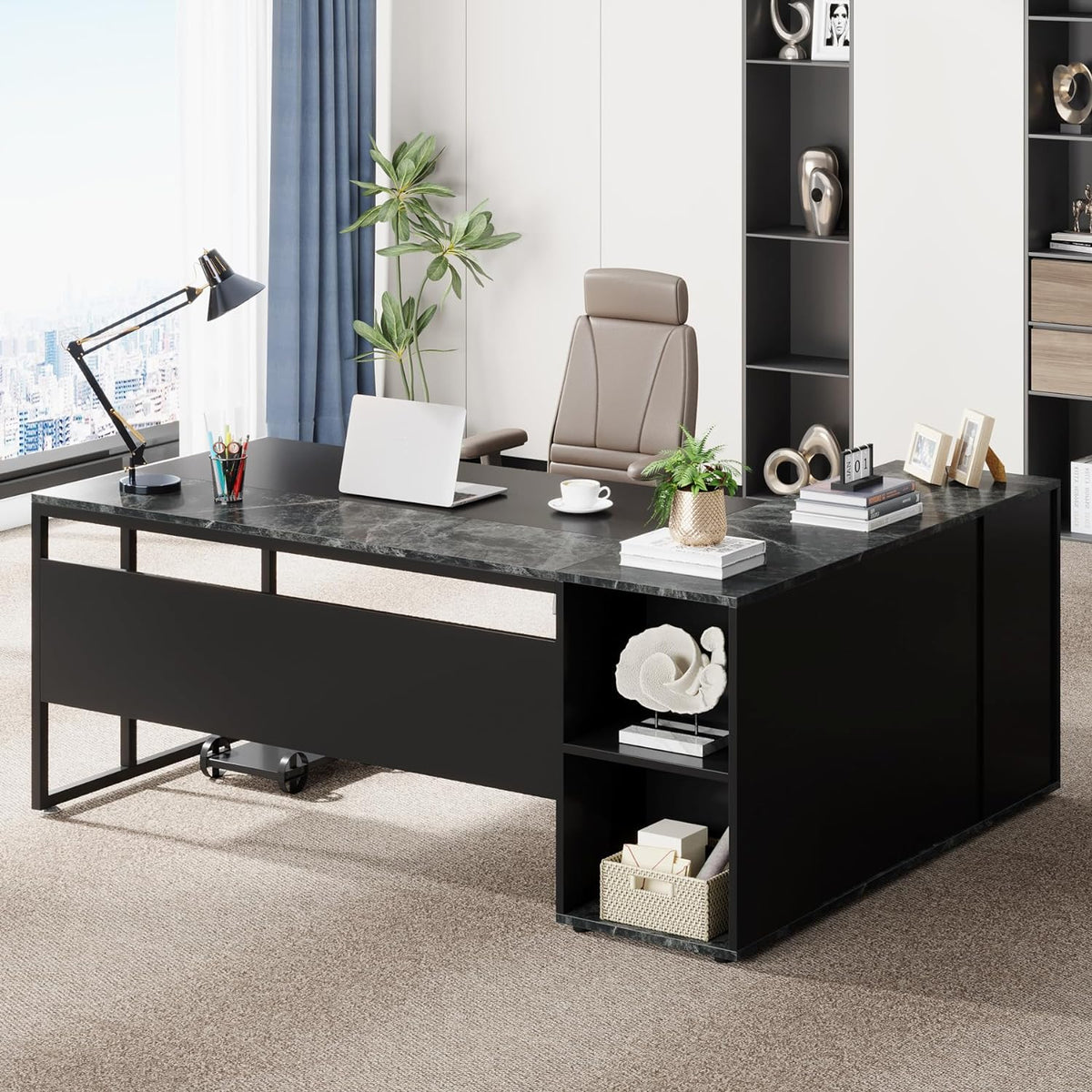 Tribesigns 71 inch Executive Desk, L Shaped Desk with Cabinet Storage, Executive Office Desk with Shelves, Business Furniture Set Workstation for Home Office, Black