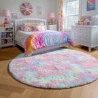 Amdrebio Rainbow Fluffy Round Rug 6Ft Kids Rugs - Image 2